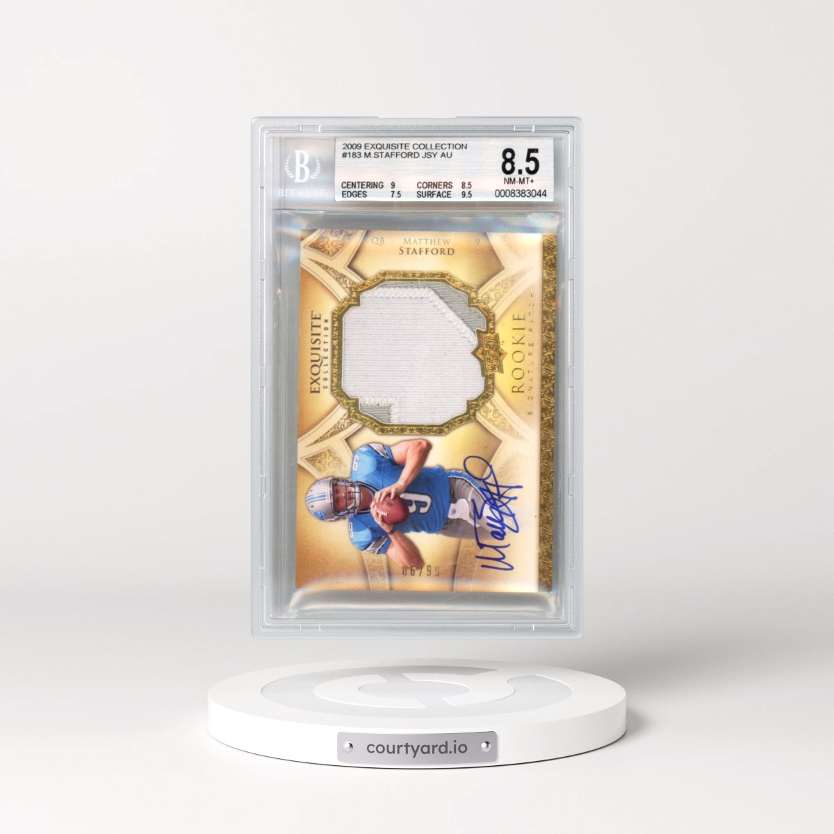 2009 Exquisite Collection #183 Matthew Stafford JSY AU RC (BGS 8.5 NM-MT+)