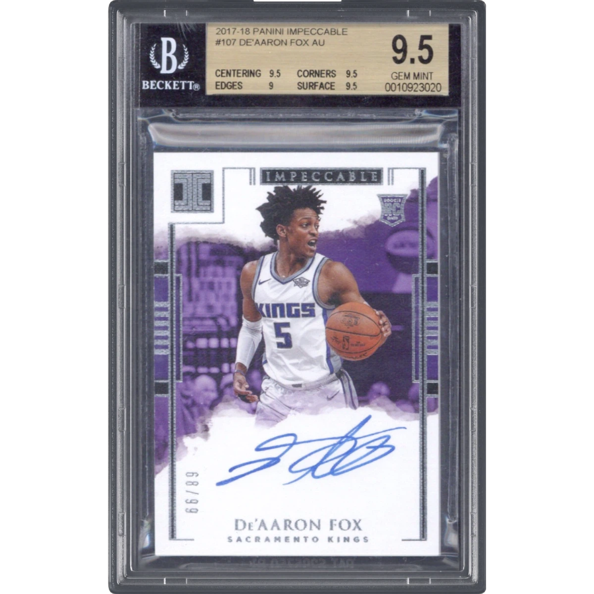 2017 Panini Impeccable #107 De'Aaron Fox AU (BGS 9.5 GEM MINT)