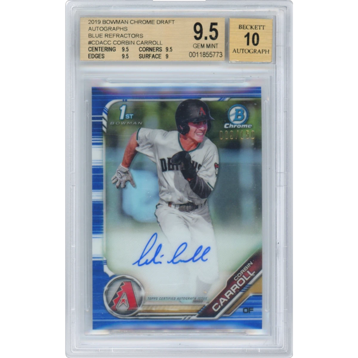 2019 Bowman Draft Chrome Draft Picks Autograph #CDACC Corbin Carroll - Blue Refractor (BGS 9.5 GEM MINT)