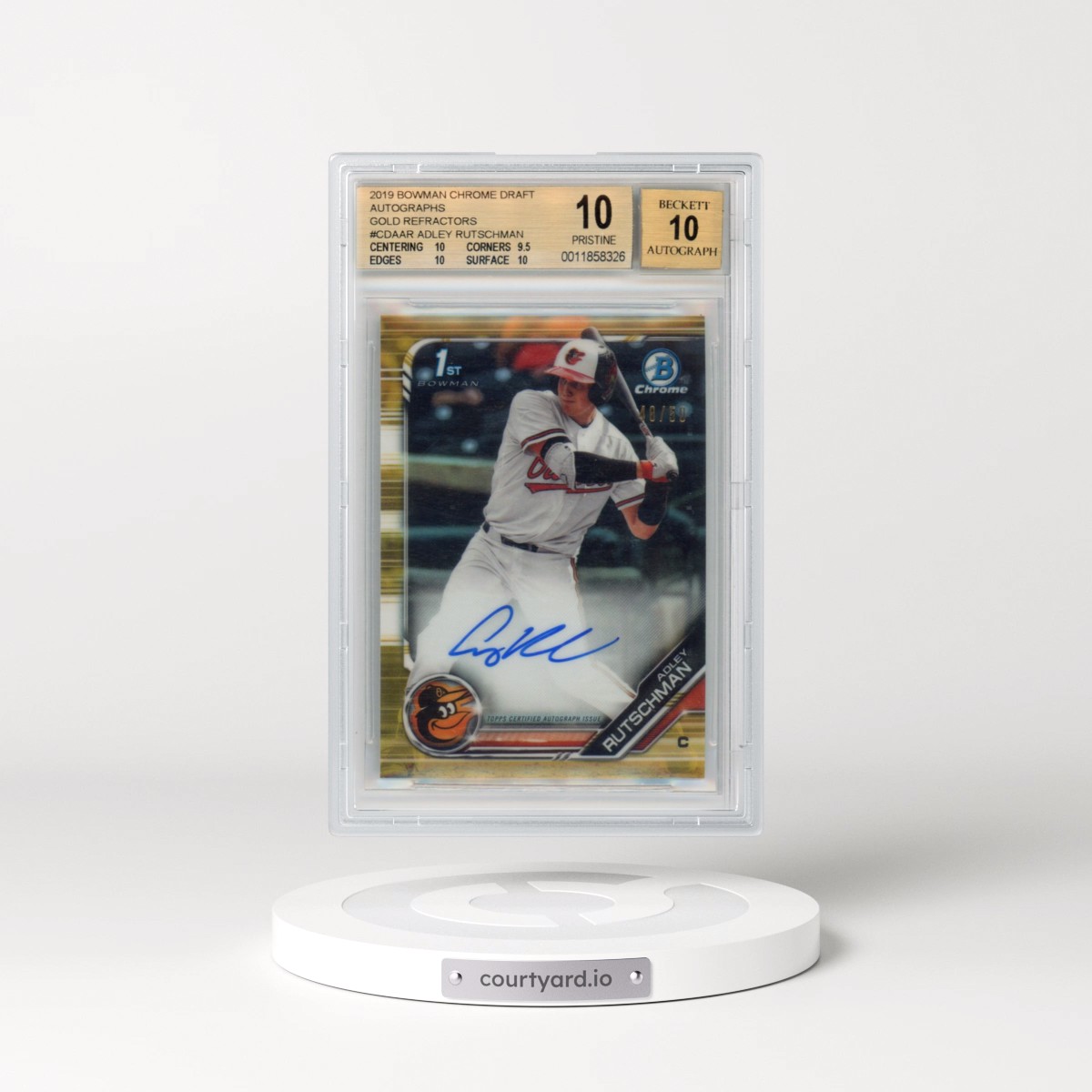 2019 Bowman Draft Chrome Draft Picks Autograph #CDAAR Adley Rutschman - Gold Refractor (BGS 10 PRISTINE)