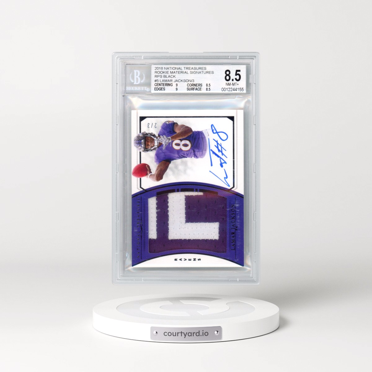 2018 Panini National Treasures Rookie Material Signatures RPS Black #5 Lamar Jackson/3 (BGS 8.5 NM-MT+)