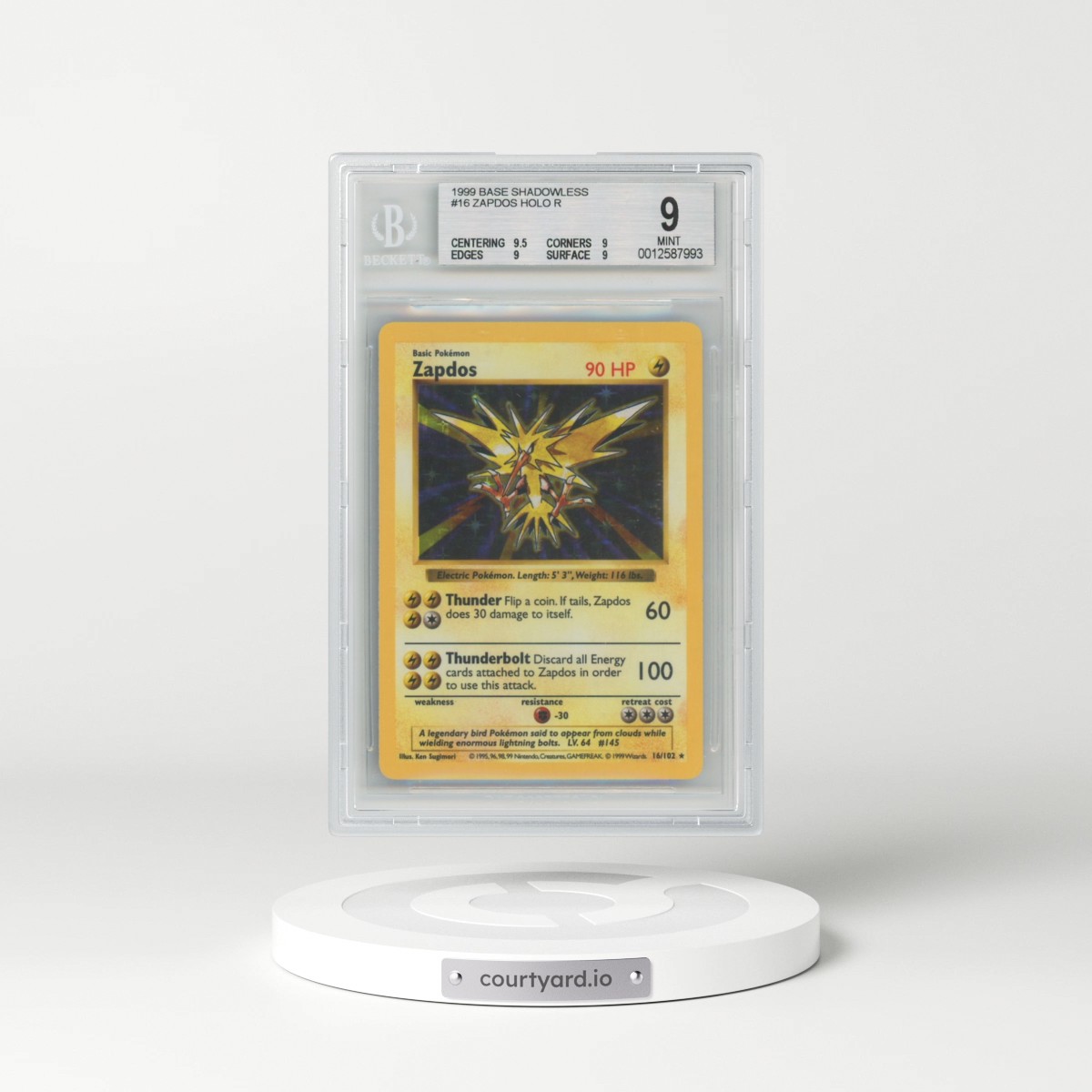 1999 Base Set #16 Zapdos - Shadowless Shadowless Holo (BGS 9 MINT)