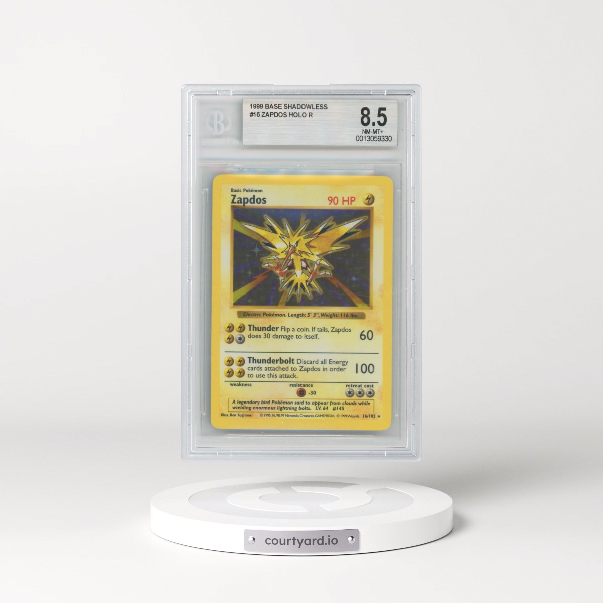 1999 Base Set #16 Zapdos - Shadowless Shadowless Holo (BGS 8.5 NM-MT+)