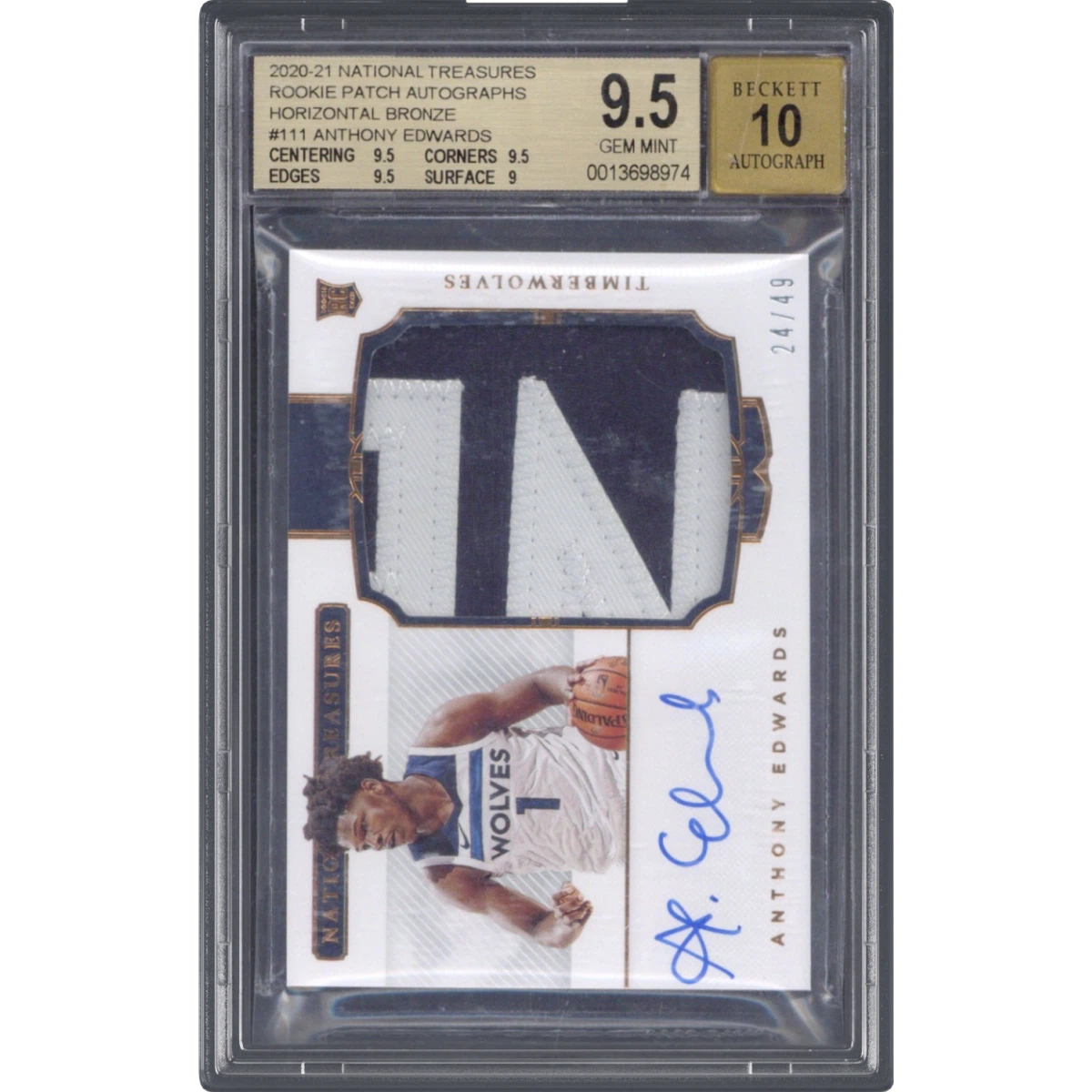 2020 Panini National Treasures #111 Anthony Edwards - Patch Autograph-Horizontal Bronze, BGS 9.5