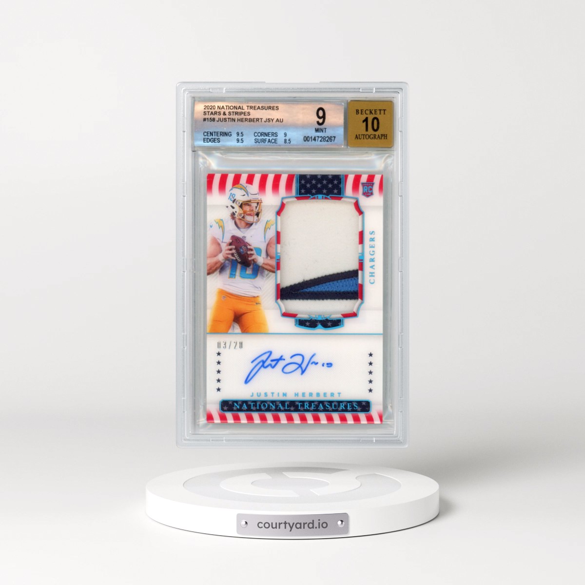 2020 Panini National Treasures #158 Justin Herbert - Patch Autograph-Stars & Stripes (BGS 9 MINT)