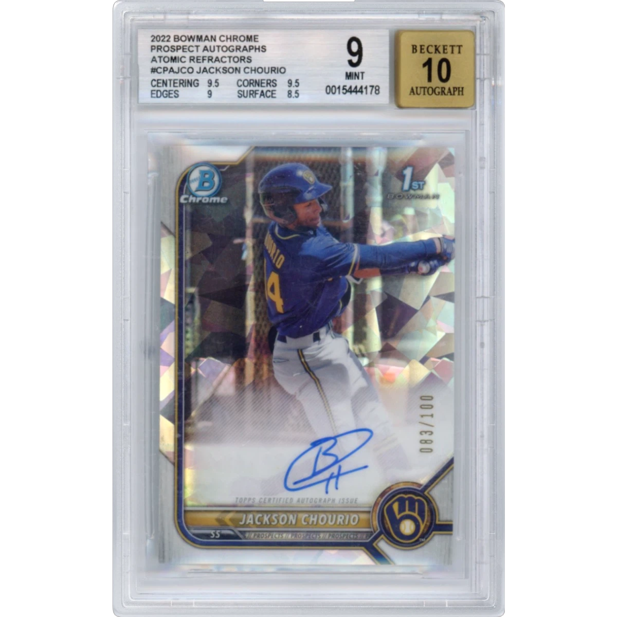 2022 Bowman Chrome Prospect Autographs #CPAJCO Jackson Chourio - Atomic Refractor (BGS 9 MINT)