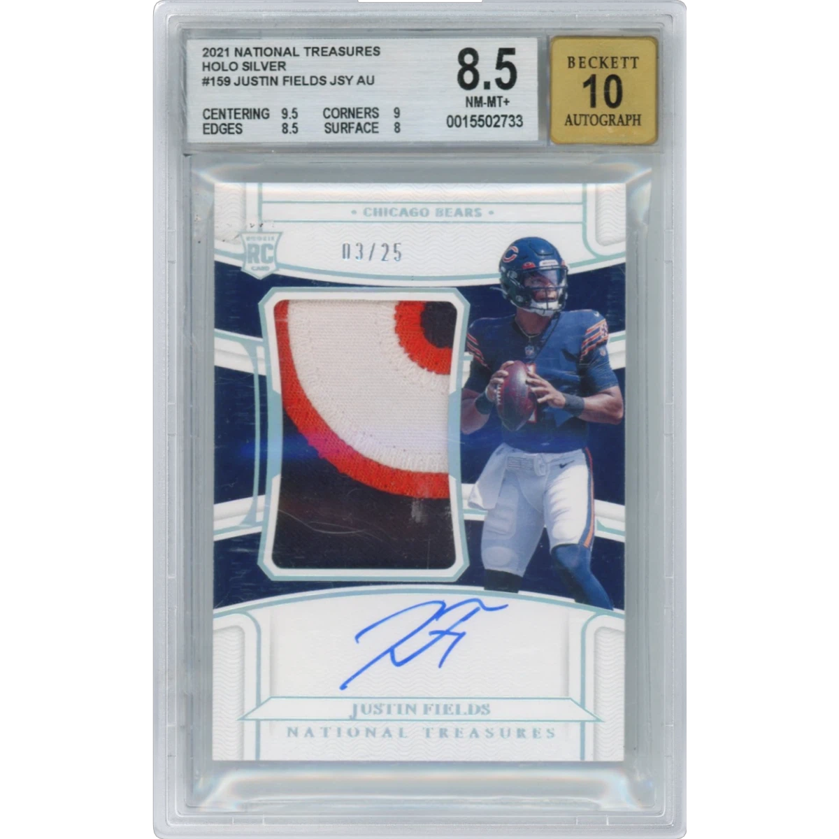 2021 Panini National Treasures Holo Silver #159 Justin Fields JSY AU EXCH (BGS 8.5 NM-MT+)