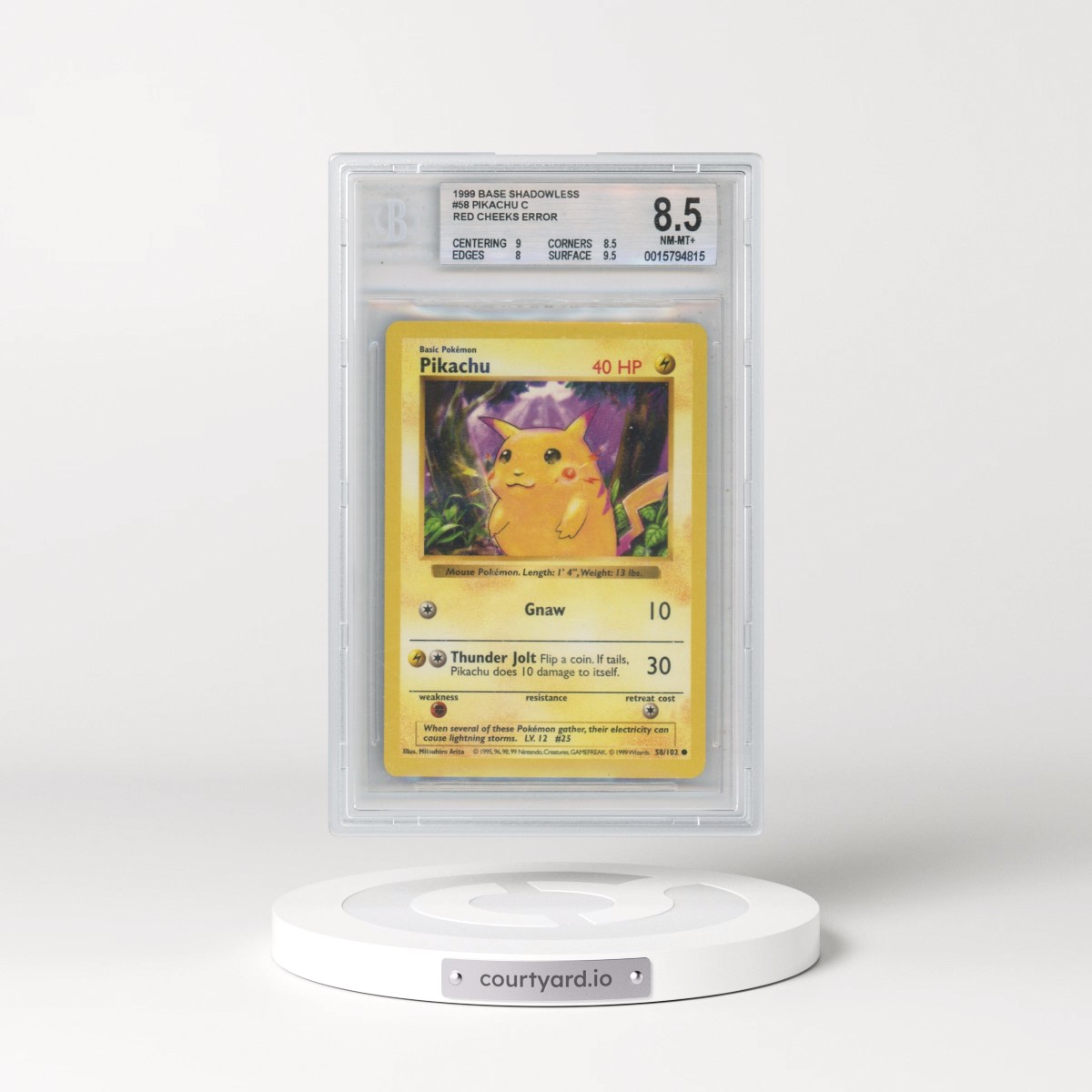 1999 Base Set #58 Pikachu - Shadowless Shadowless Red Cheeks (BGS 8.5 NM-MT+)
