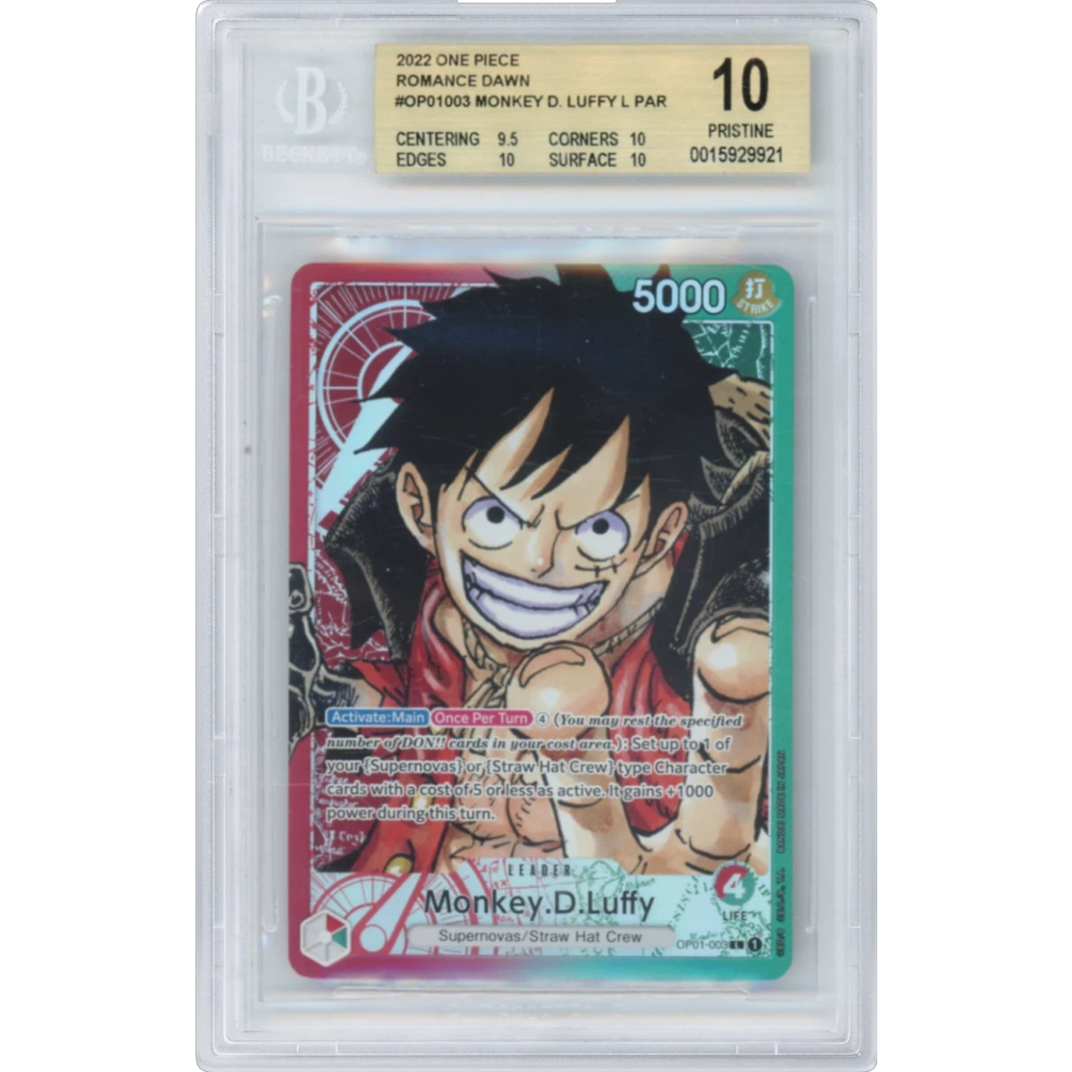 2022 Romance Dawn - English #003 Monkey D. Luffy - (Map Text Box) Alt Art Pre-Errata ("1"), BGS 10