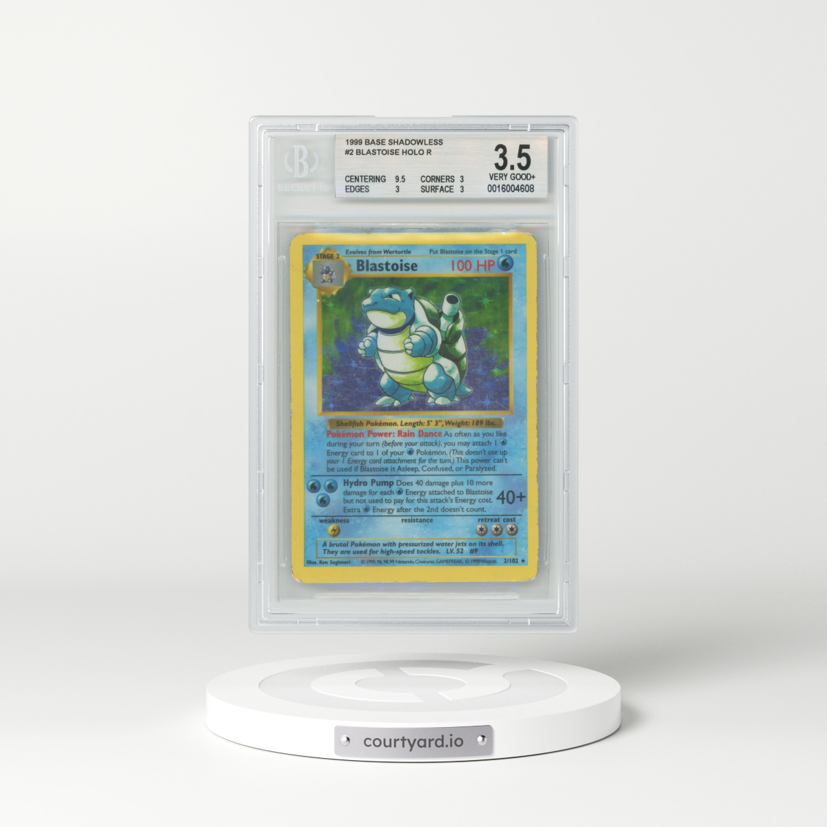 1999 Base Set #2 Blastoise - Shadowless Holo (BGS 3.5 VG+)