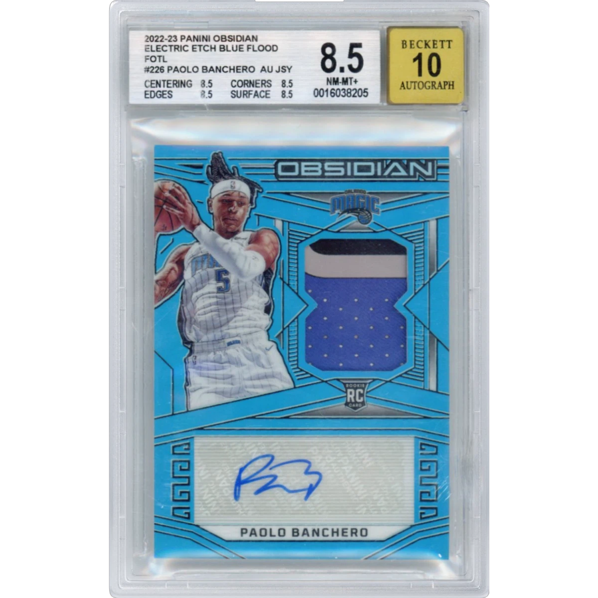 2022 Panini Obsidian #226 Paolo Banchero - Jersey Autograph-Electric Etch Blue Flood Fotl (BGS 8.5 NM-MT+)