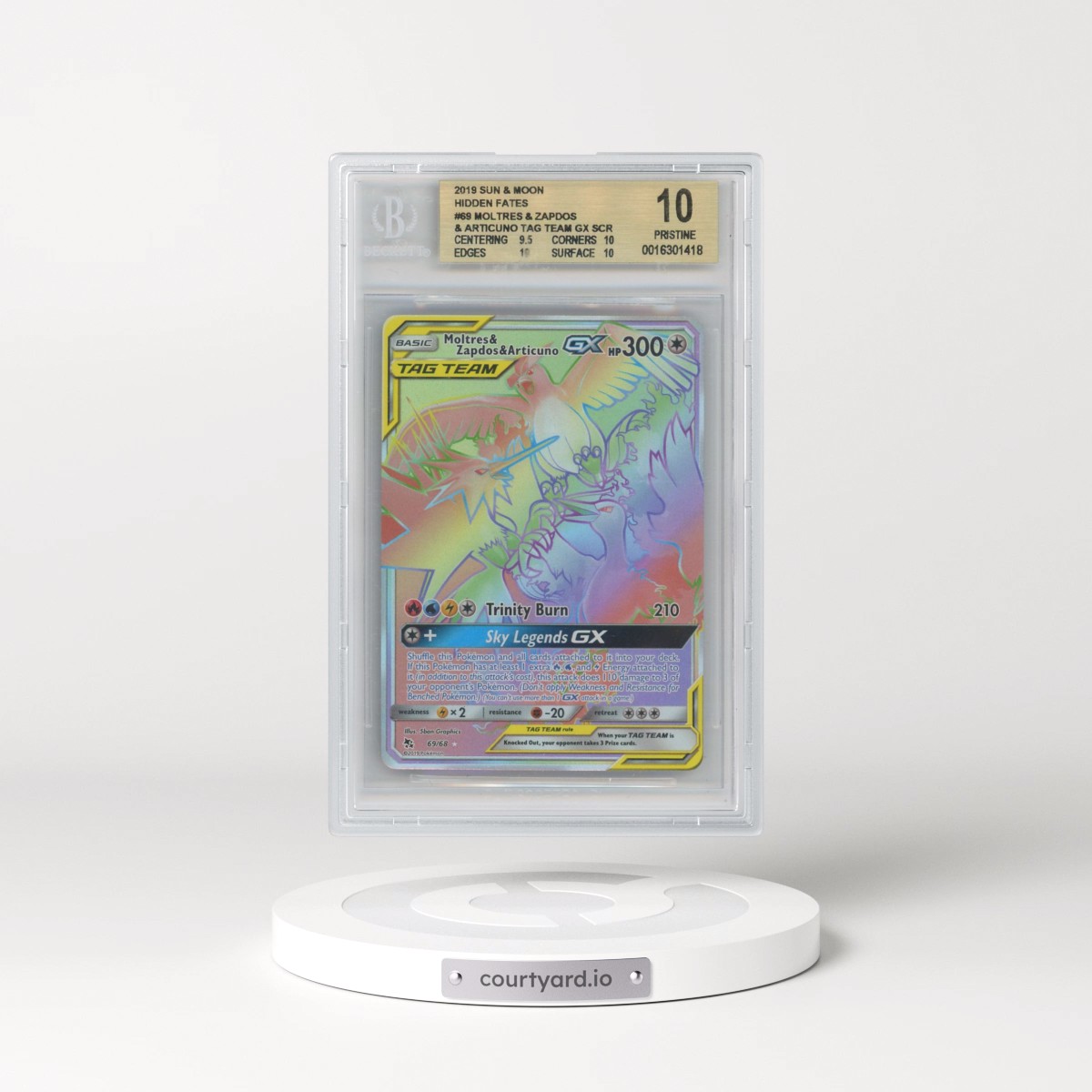 2019 Hidden Fates #69 Moltres &amp; Zapdos &amp; Articuno GX - Rainbow Rare Holo (BGS 10 PRISTINE)