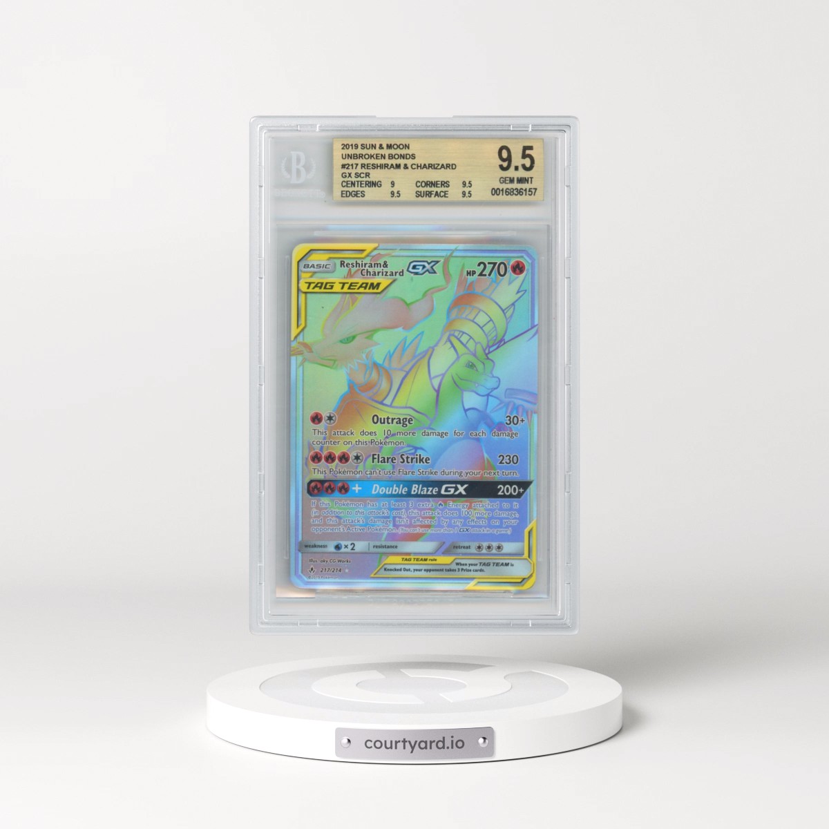 2019 Unbroken Bonds #217 Reshiram & Charizard GX - Holo Secret (BGS 9.5 GEM MINT)