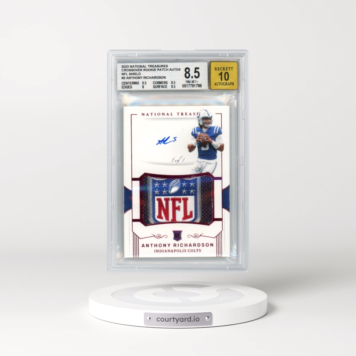 2023 Panini National Treasures Crossover Rookie Patch Autographs NFL Shield #2 Anthony Richardson (BGS 8.5 NM-MT+)