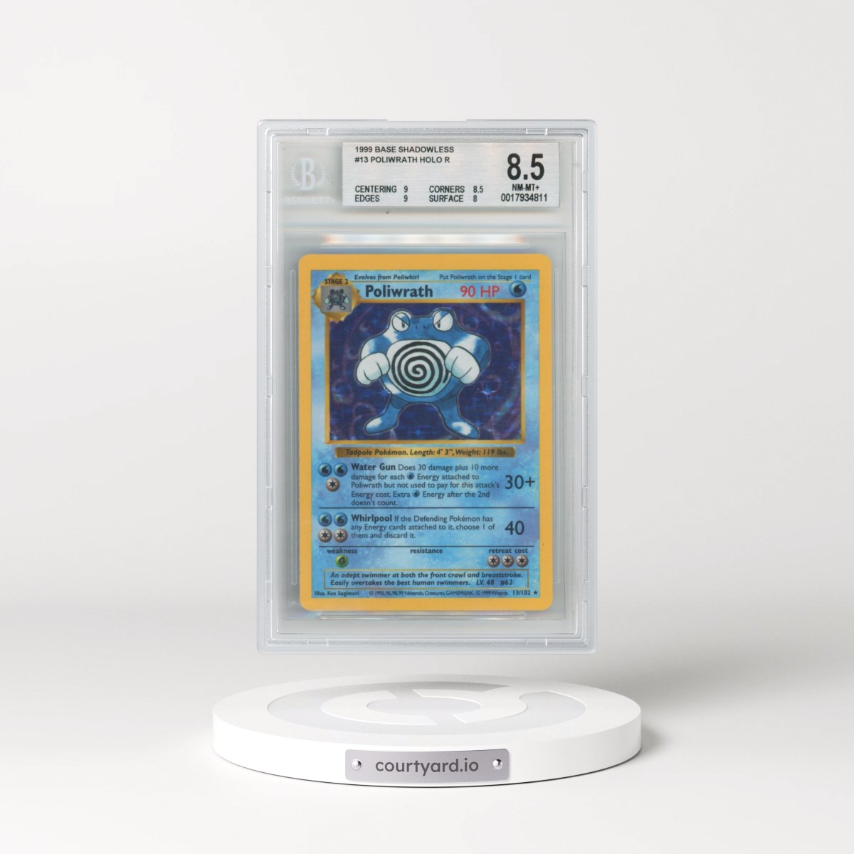 1999 Base Set #13 Poliwrath - Shadowless Shadowless Holo (BGS 8.5 NM-MT+)