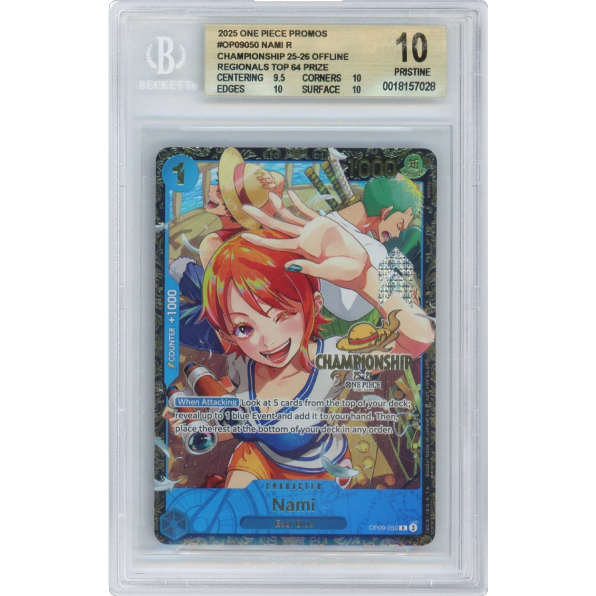 2025 One Piece Card Game Promos #OP09050 Nami R/(Championship 25-26 Regionals Top 64 Prize), BGS 10