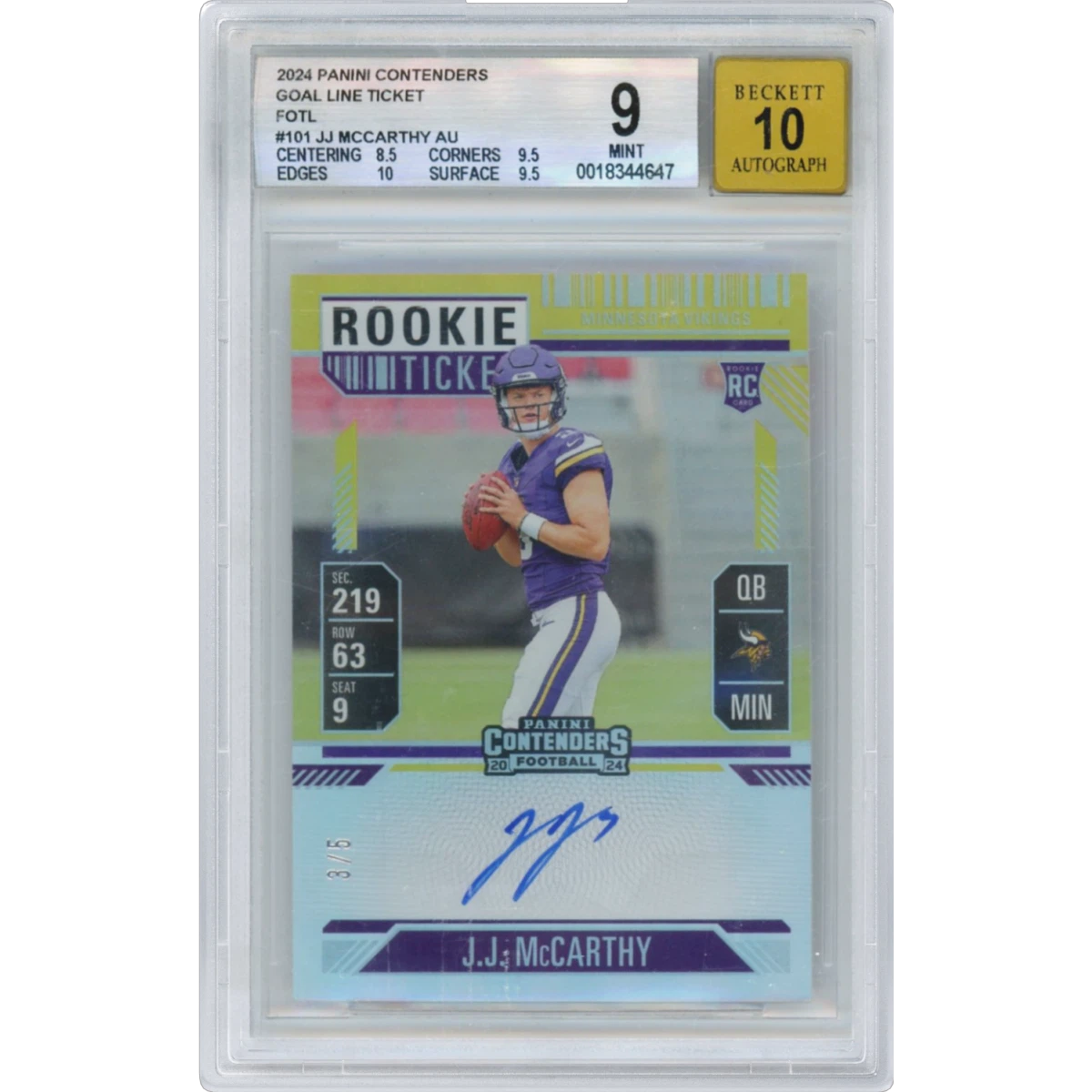 2024 Panini Contenders Goal Line Ticket FOTL #101 JJ McCarthy AU, BGS 9