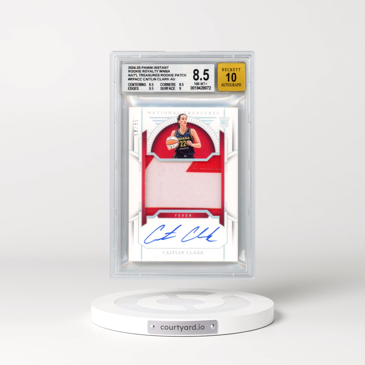 2024 Panini Instant Rookie Royalty WNBA National Treasures Rookie Patch Autographs #RPACC Caitlin Clark (BGS 8.5 NM-MT+)