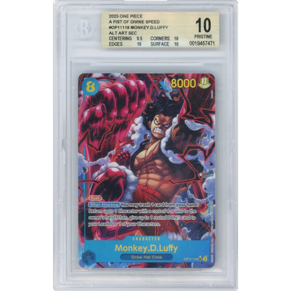 2025 A Fist of Divine Speed (OP11) - English #118 Monkey D. Luffy - (Borderless) Alt Art (BGS 10 PRISTINE)