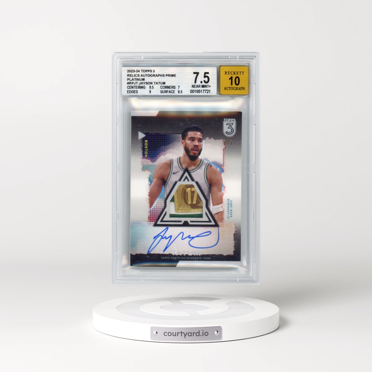 2023 Topps 3 Relics Autographs Prime Platinum #RPJT Jayson Tatum (BGS 7.5 NM+)