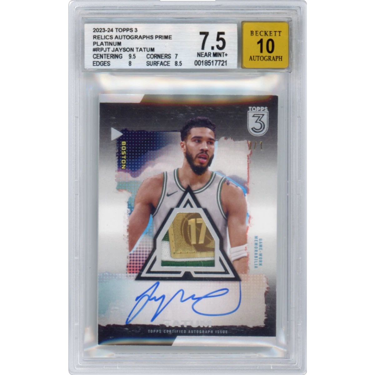 2023 Topps 3 Relics Autographs Prime Platinum #RPJT Jayson Tatum (BGS 7.5 NM+)