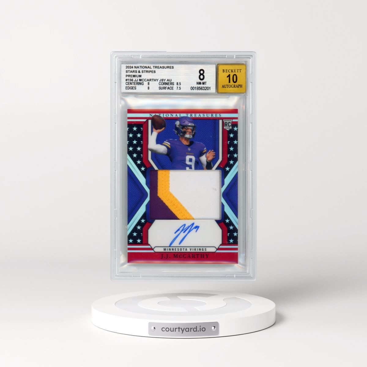 2024 Panini National Treasures Stars and Stripes Premium #156 JJ McCarthy JSY AU (BGS 8 NM-MT)