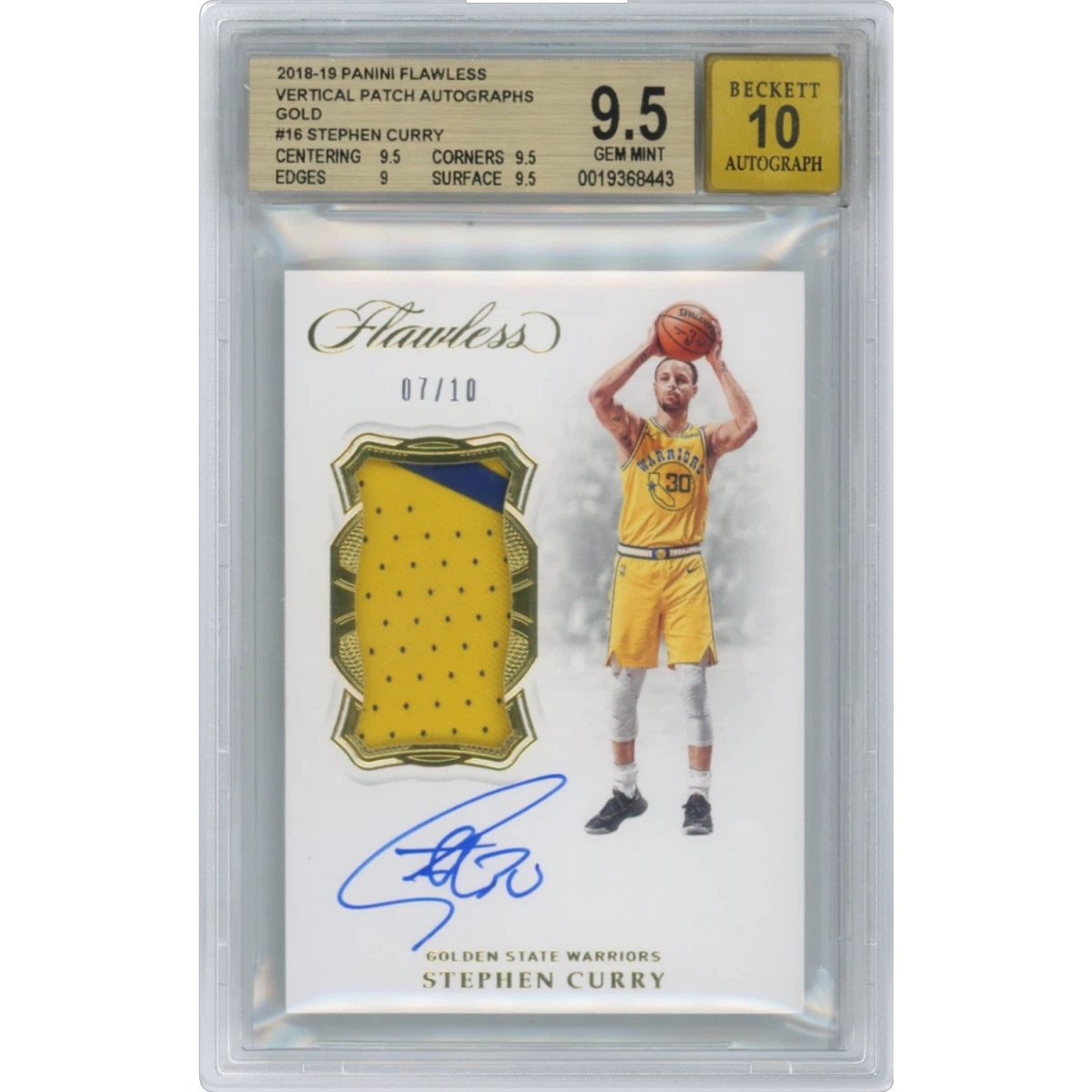 2018 Panini Flawless Vertical Patch Autographs Gold #16 Stephen Curry, BGS 9.5