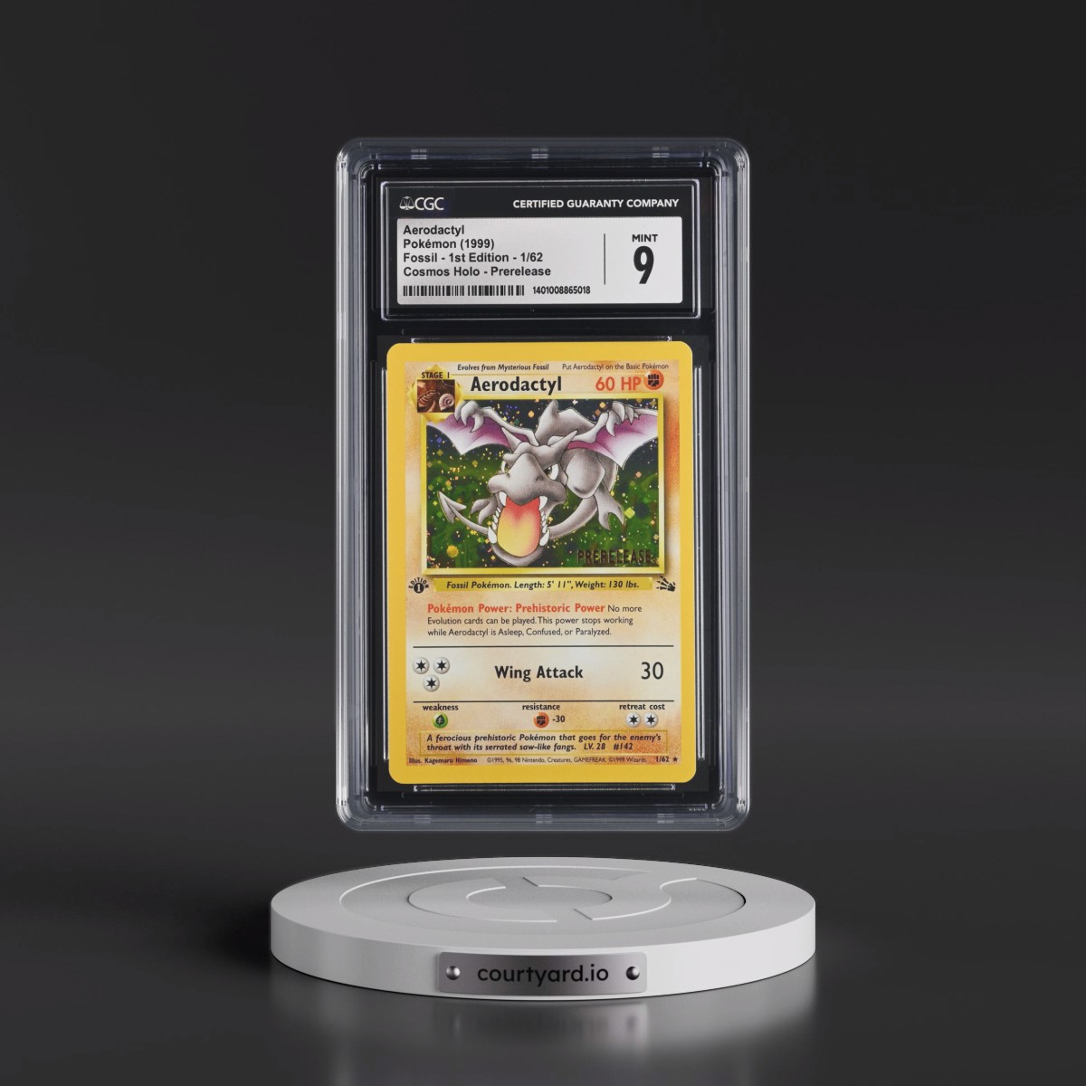 1999 Fossil #1/62 Aerodactyl - 1st Edition Prerelease (Gold Stamp) Cosmos Holo (Gold) (CGC 9 MINT)