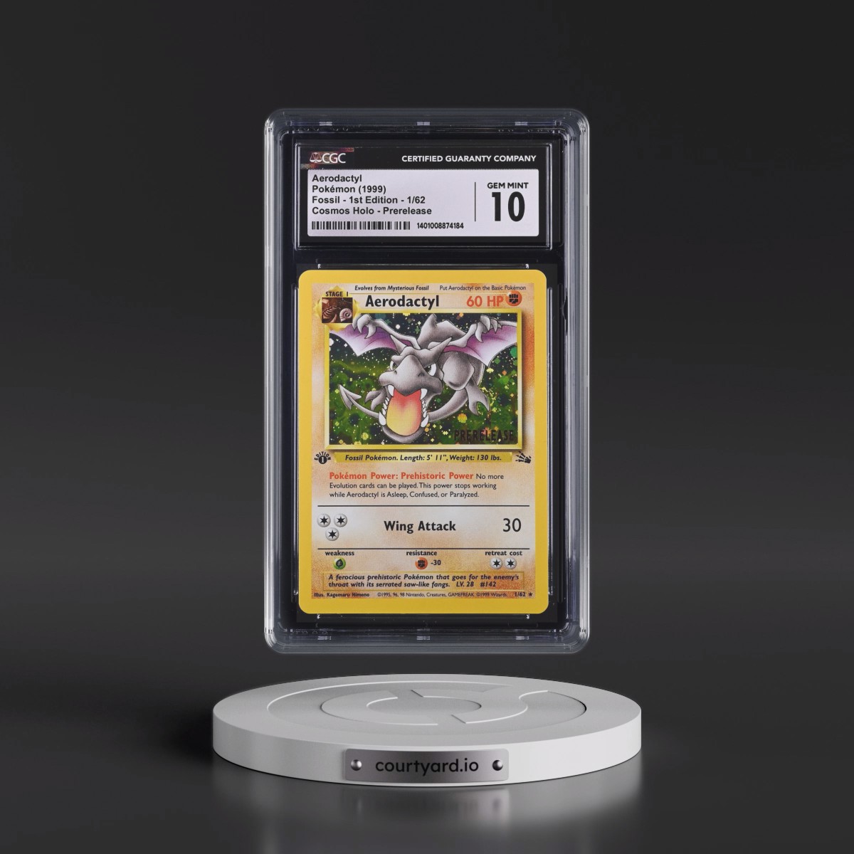 1999 Fossil #1/62 Aerodactyl - 1st Edition Prerelease (Gold Stamp) Cosmos Holo (Gold) (CGC 10 GEM MINT)