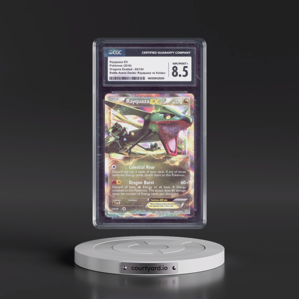 2012 Dragons Exalted #85/124 Rayquaza EX - Battle Arena Decks: Rayquaza vs Keldeo (Holo Lines are 45 Deg. Sheen Holo) (CGC 8.5 NM-MT+)