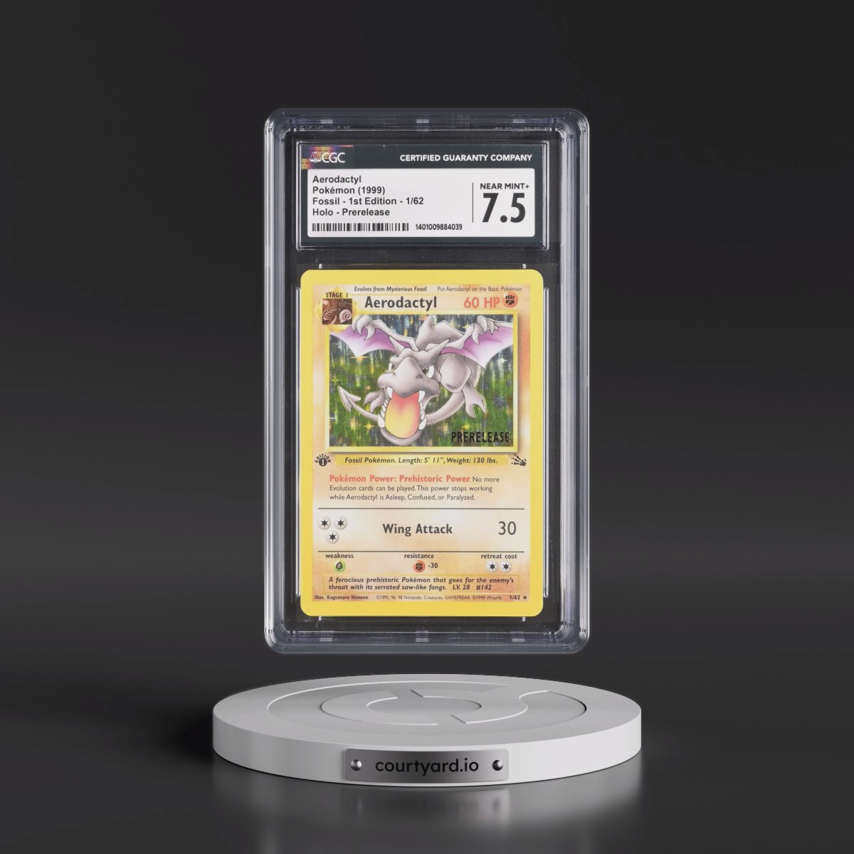 1999 Fossil #1/62 Aerodactyl - 1st Edition Prerelease (Brown Stamp) Galaxy Star Holo (Brown) (CGC 7.5 NM+)