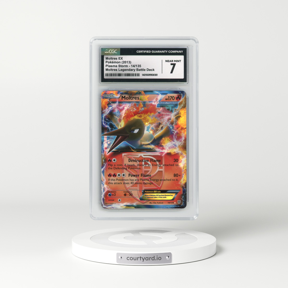 2012 Plasma Storm #14/135 Moltres EX - (Holo Lines are 45 Deg.) Sheen Holo Moltres Legendary Battle Deck (CGC 7 NM)