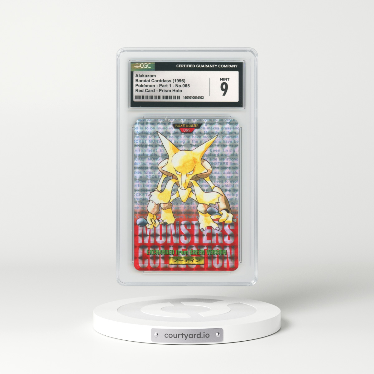 1996 Japanese Bandai Carddass #65 Alakazam - Full Art Holo Red Card Prism (CGC 9 MINT)