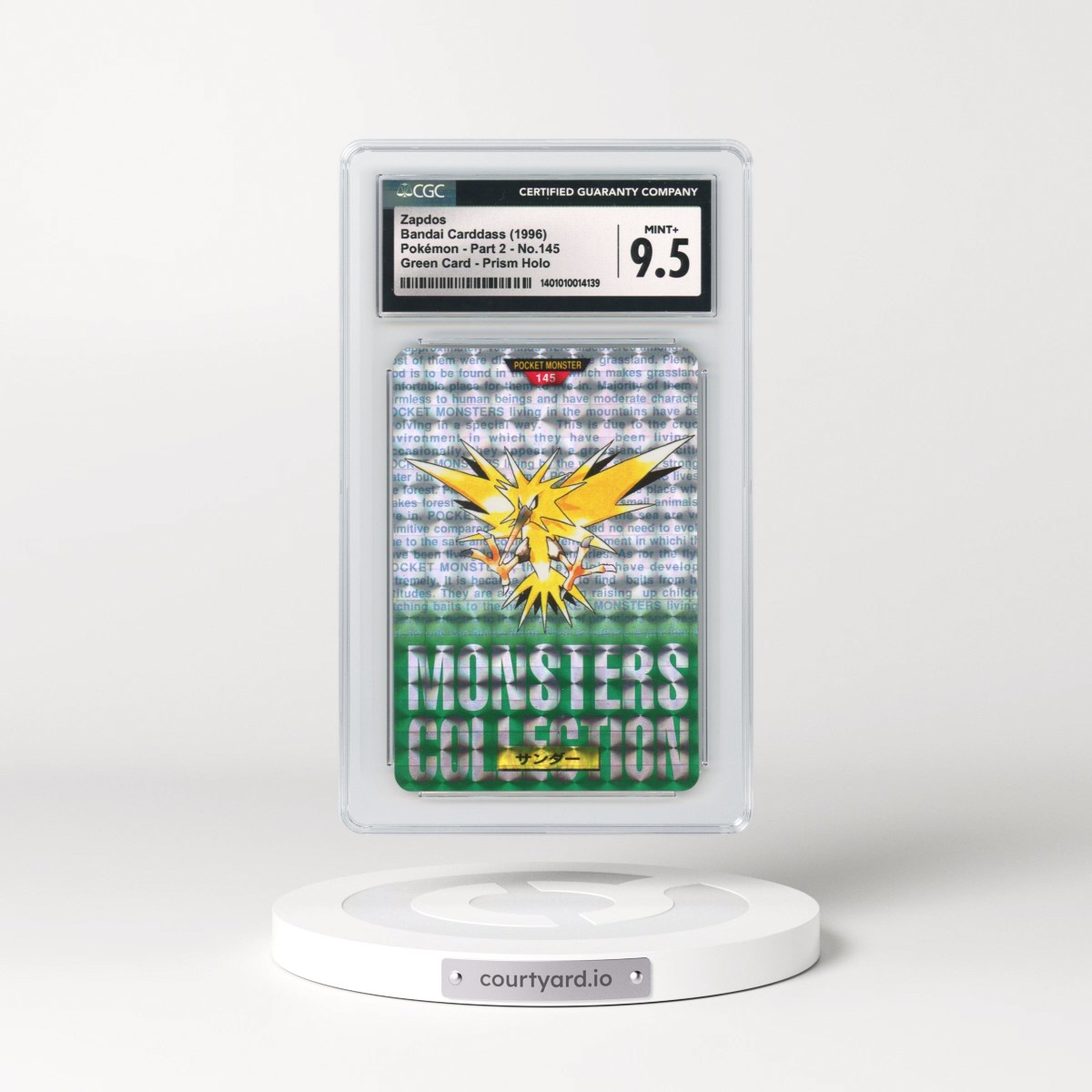 1996 Japanese Bandai Carddass #145 Zapdos - Full Art Holo Green Card (CGC 9.5 MINT+)