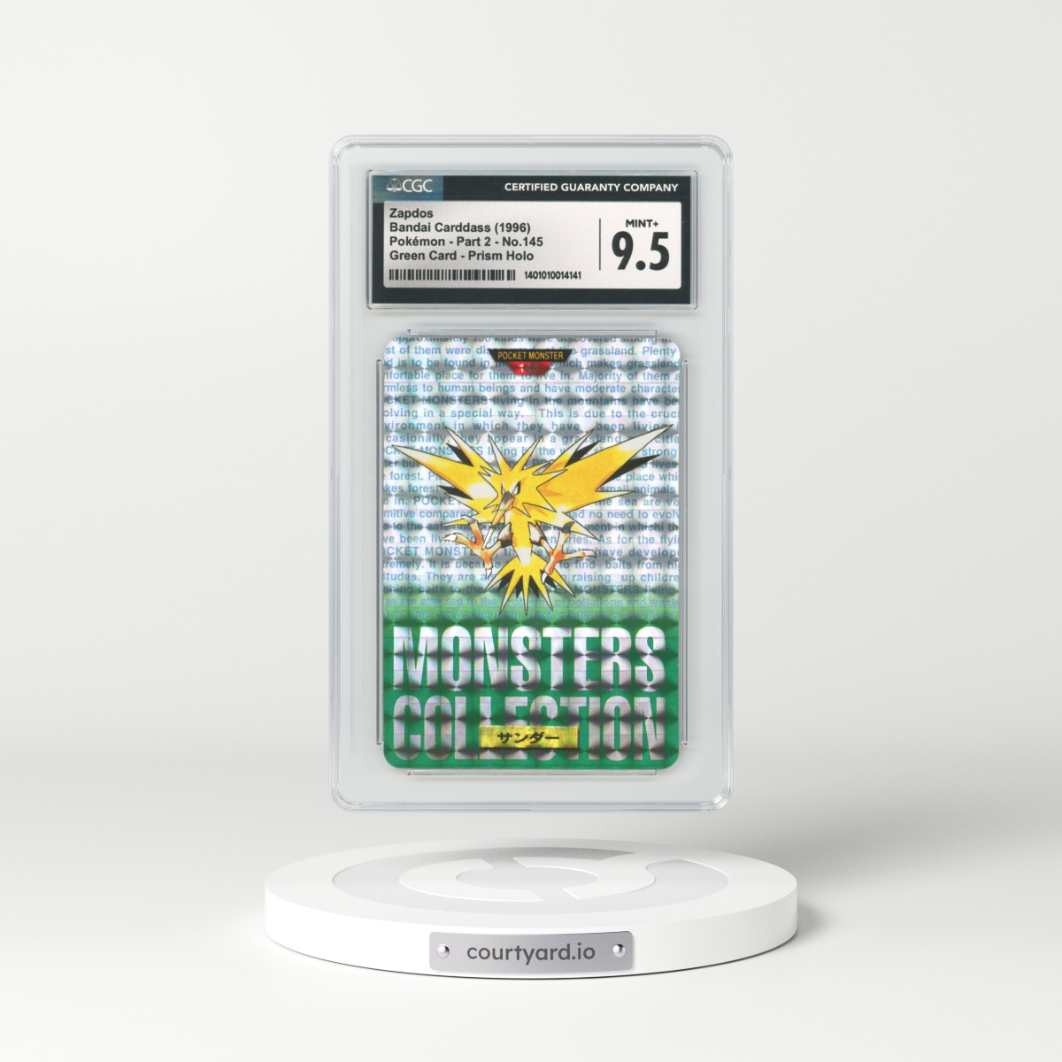 1996 Japanese Bandai Carddass #145 Zapdos - Full Art Holo Green Card (CGC 9.5 MINT+)