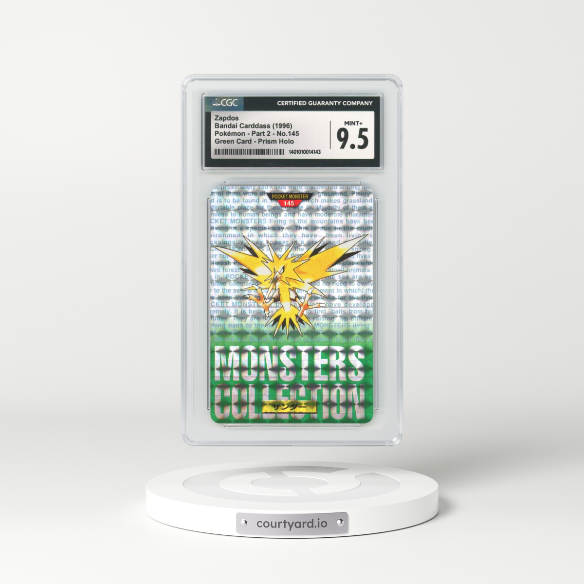 1996 Japanese Bandai Carddass #145 Zapdos - Full Art Holo Green Card (CGC 9.5 MINT+)