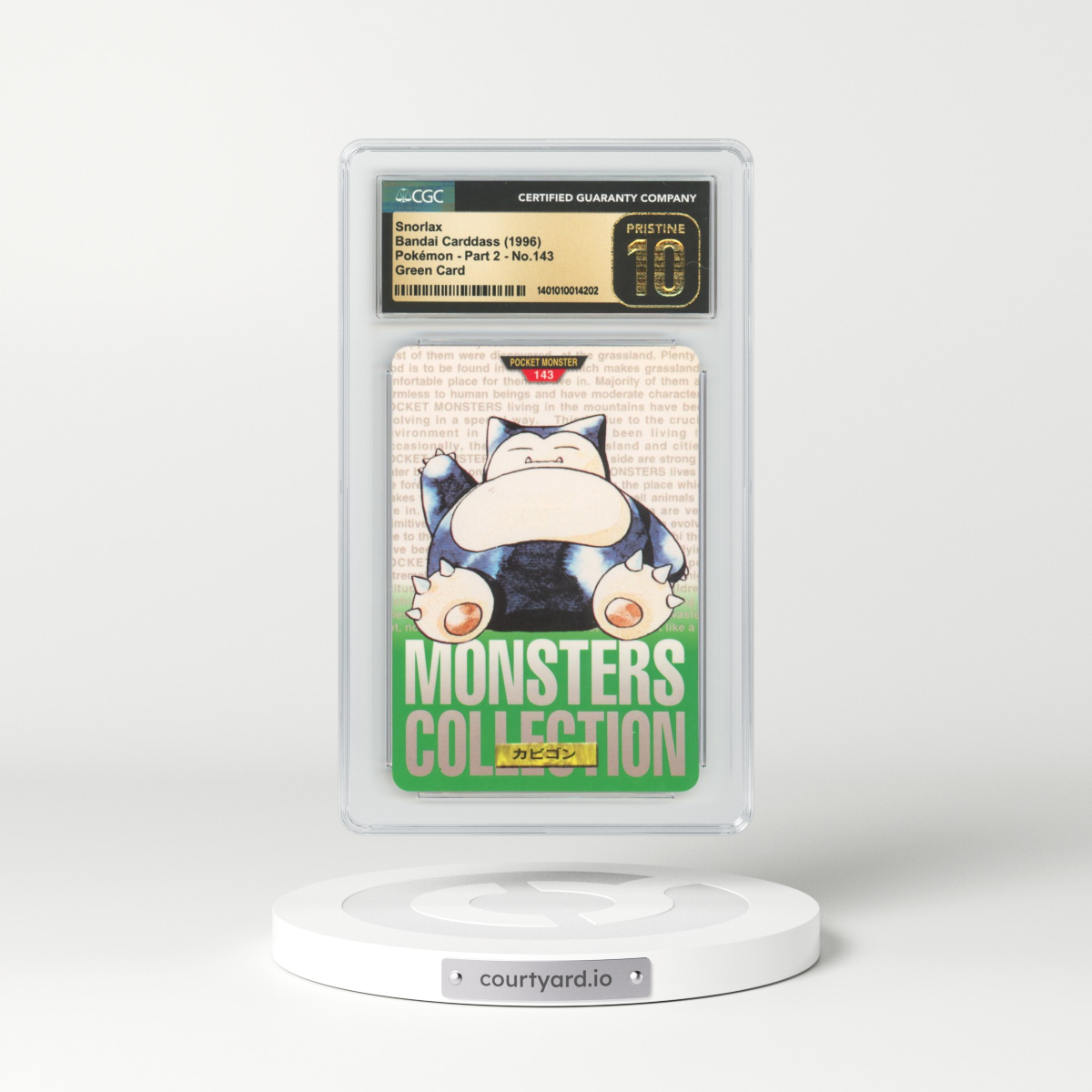 1996 Japanese Bandai Carddass #143 Snorlax - Full Art Holo Green Card (CGC 10 PRISTINE)