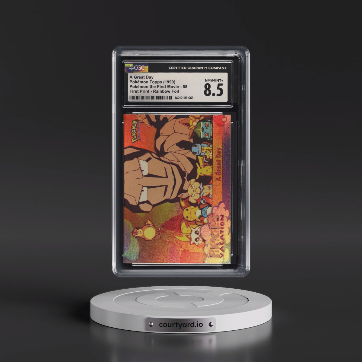 1999 Pokémon the First Movie #58 A Great Day - First Print (Blue Topps Logo) Rainbow Foil (CGC 8.5 NM-MT+)