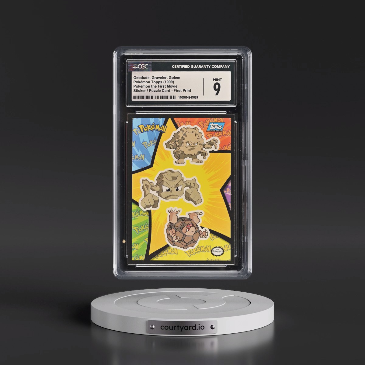1999 Pokémon the First Movie Geodude, Graveler, Golem - Sticker / Ash Puzzle Card First Print (Blue Topps Logo) (CGC 9 MINT)