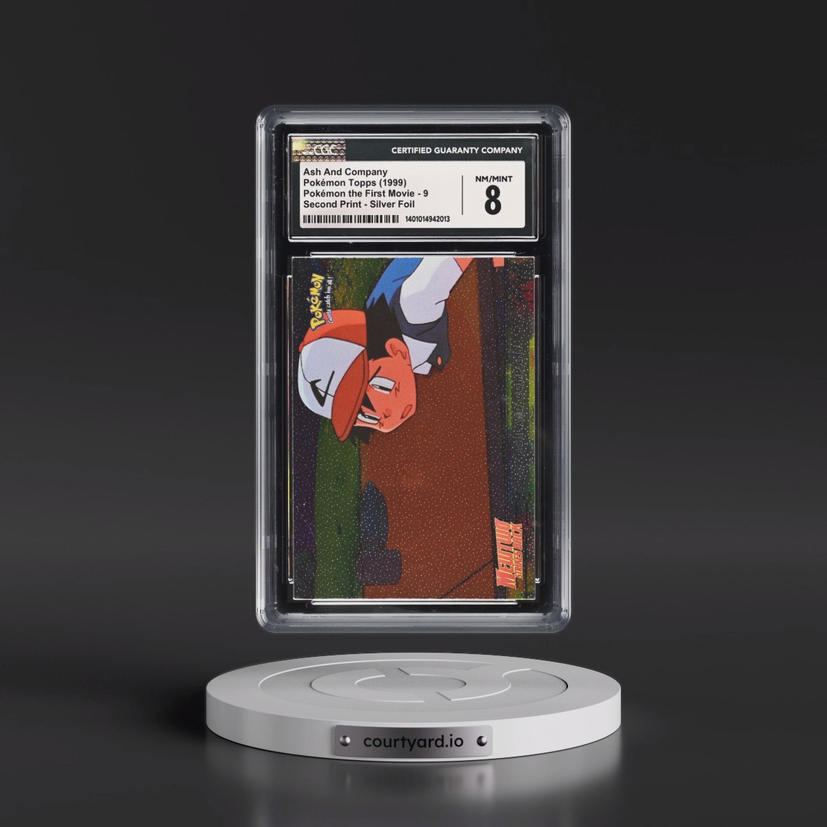 1999 Pokémon the First Movie #9 Ash And Company - Second Print (Black Topps Logo) Silver Foil (Sand Paper) (CGC 8 NM-MT)