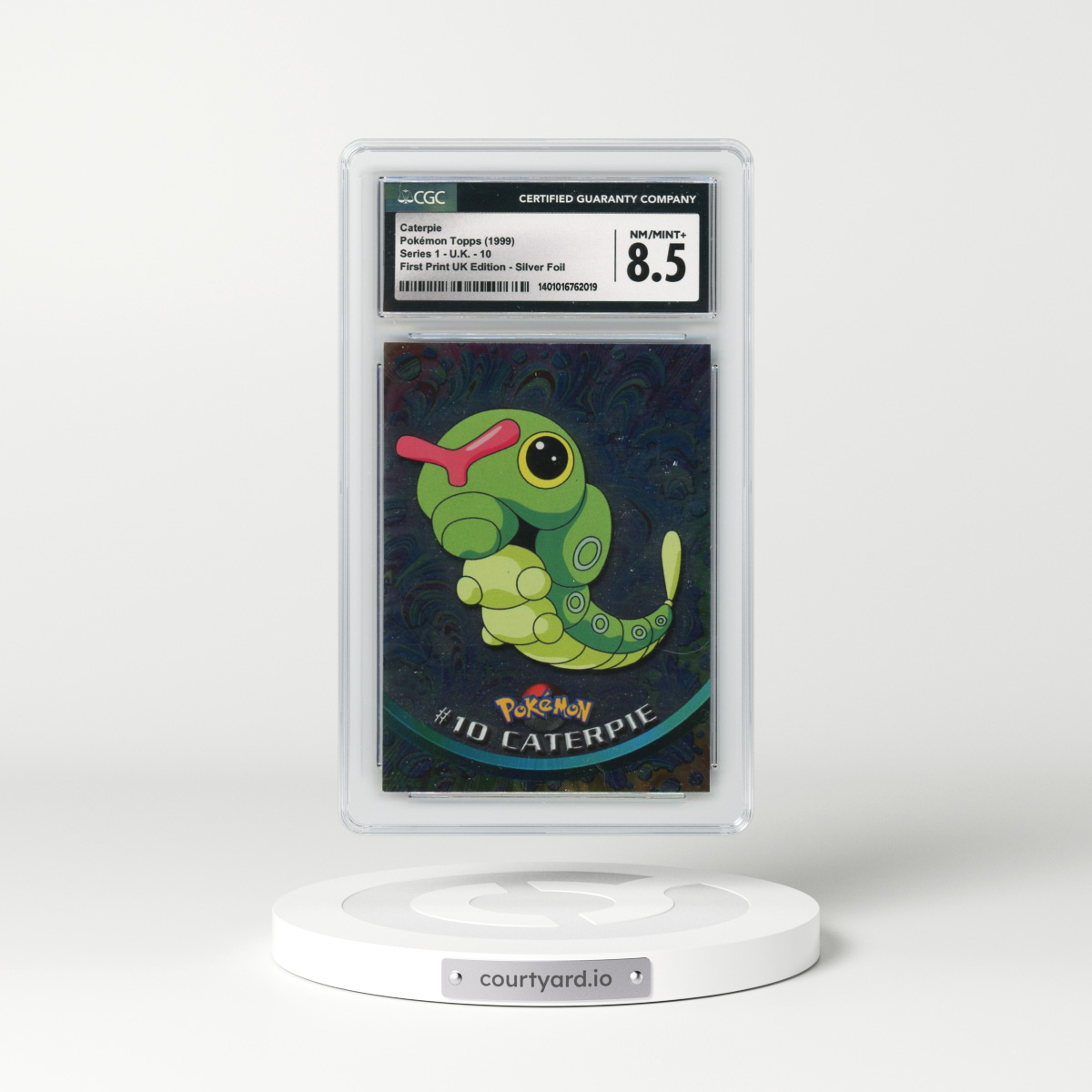1999 Series 1 (Circular Nintendo Seal) #10 Caterpie - 1st Print UK Ed (Blue Topps Logo) Silver Foil (Smooth) (CGC 8.5 NM-MT+)