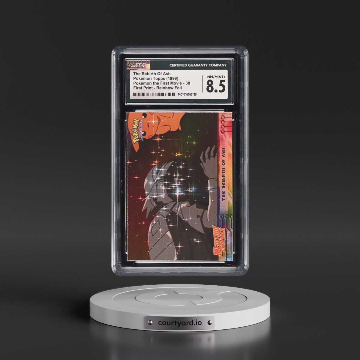 1999 Pokémon the First Movie #38 The Rebirth Of Ash - First Print (Blue Topps Logo) Rainbow Foil (CGC 8.5 NM-MT+)