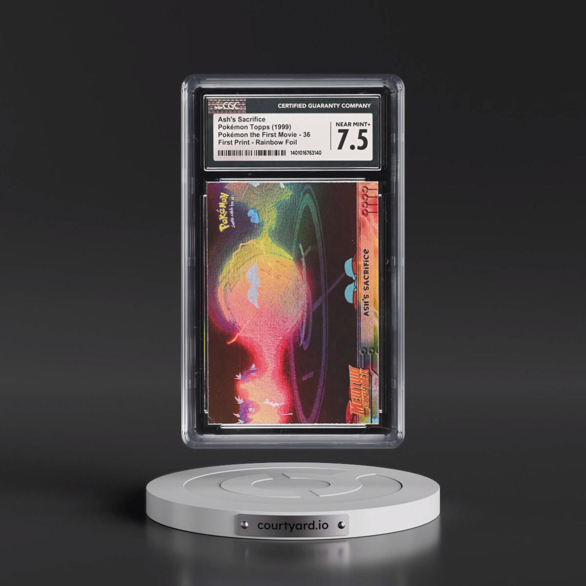 1999 Pokémon the First Movie #36 Ash's Sacrifice - First Print (Blue Topps Logo) Rainbow Foil (CGC 7.5 NM+)