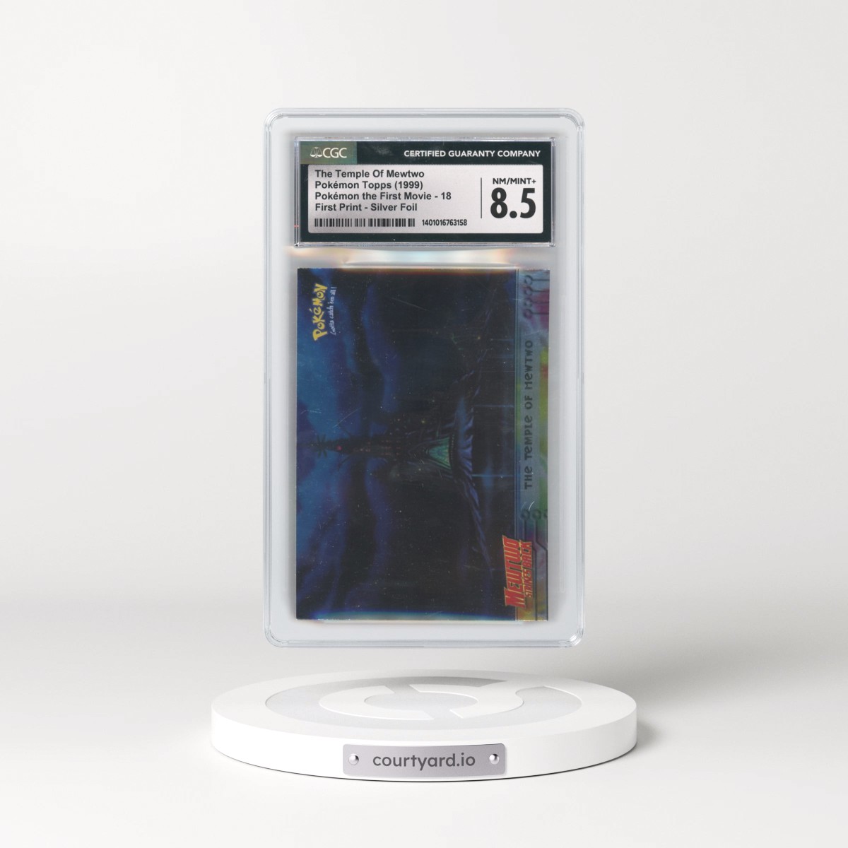 1999 Pokémon the First Movie #18 The Temple Of Mewtwo - First Print (Blue Topps Logo) Silver Foil (CGC 8.5 NM-MT+)