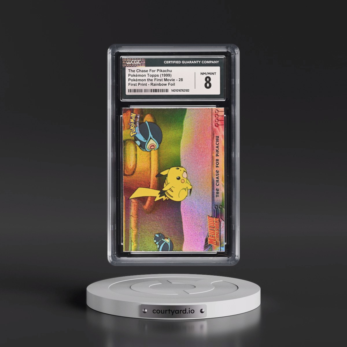 1999 Pokémon the First Movie #28 The Chase For Pikachu - First Print (Blue Topps Logo) Rainbow Foil (CGC 8 NM-MT)