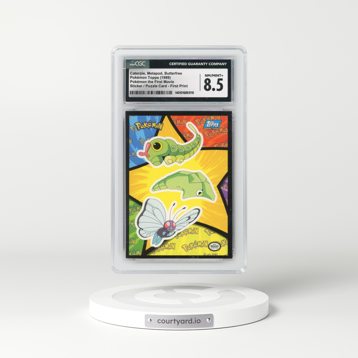 1999 Pokémon the First Movie Caterpie, Metapod, Butterfree - Sticker / Ash Puzzle Card First Print (Blue Topps Logo) (CGC 8.5 NM-MT+)