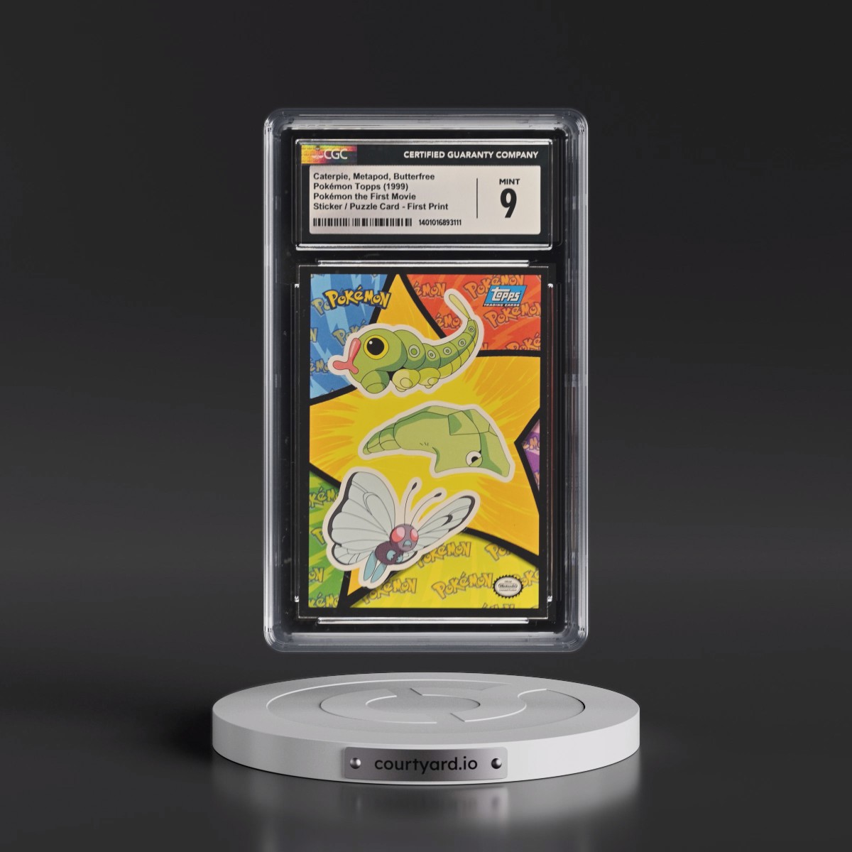 1999 Pokémon the First Movie Caterpie, Metapod, Butterfree - Sticker / Ash Puzzle Card First Print (Blue Topps Logo) (CGC 9 MINT)