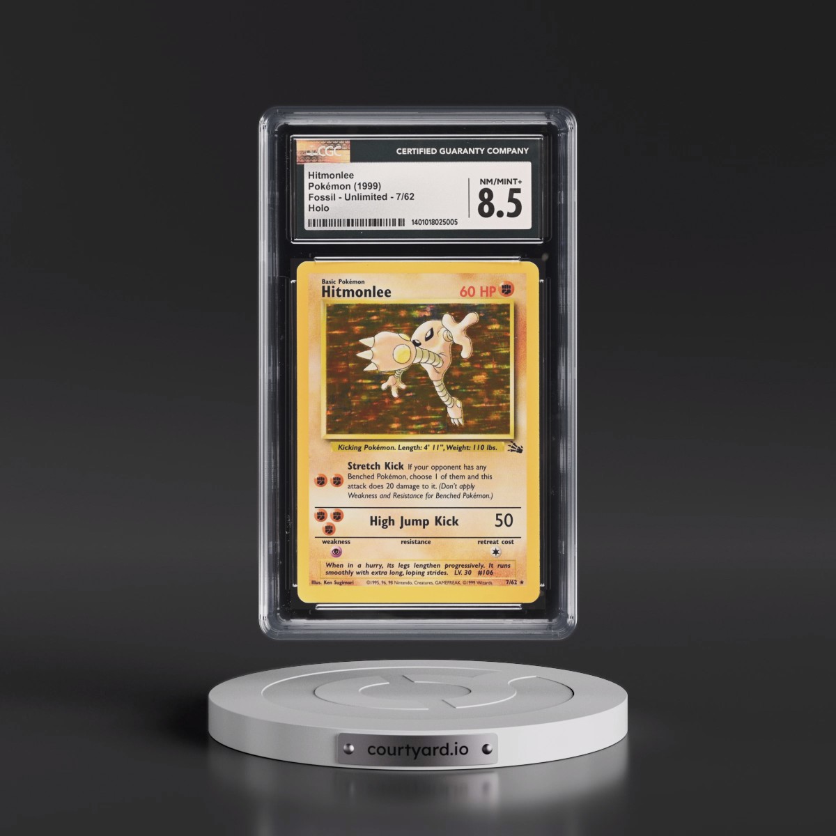 1999 Fossil #7/62 Hitmonlee - Galaxy Star Holo (CGC 8.5 NM-MT+)
