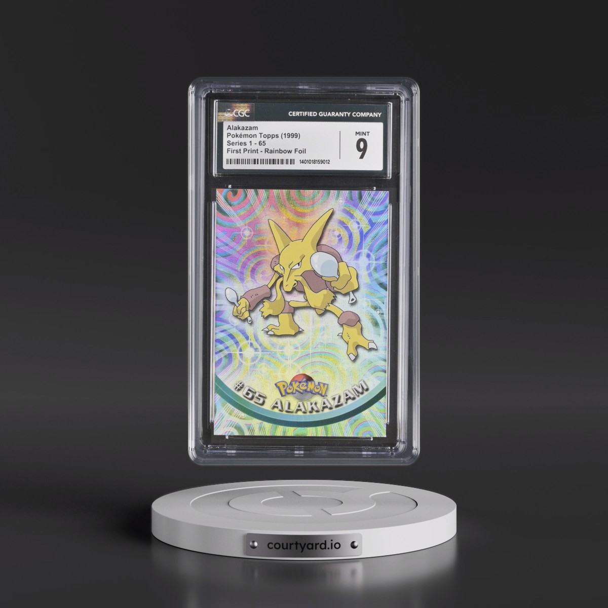 1999 Series 1 (Oval Nintendo Seal) #65 Alakazam - First Print (Blue Topps Logo) Rainbow Foil (Smooth) (CGC 9 MINT)