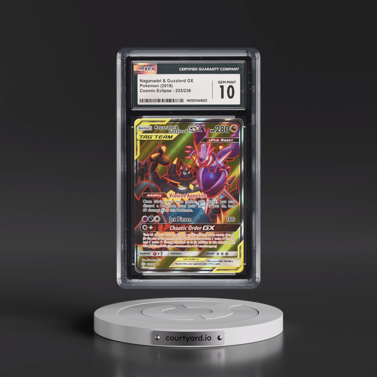 2019 Cosmic Eclipse #223/236 Naganadel & Guzzlord GX - Ultra Rare Holo (CGC 10 GEM MINT)